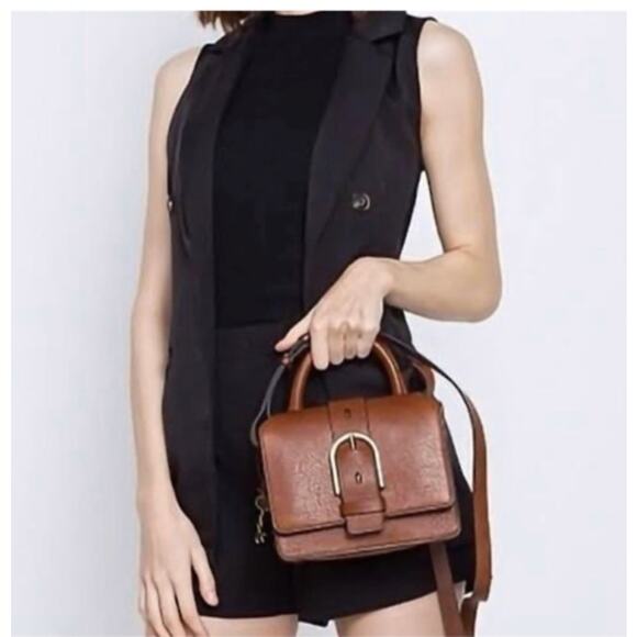 Fossil Wiley Mini Leather Satchel Brown Crossbody Bag Brass Buckle Key Charm - Picture 5 of 15